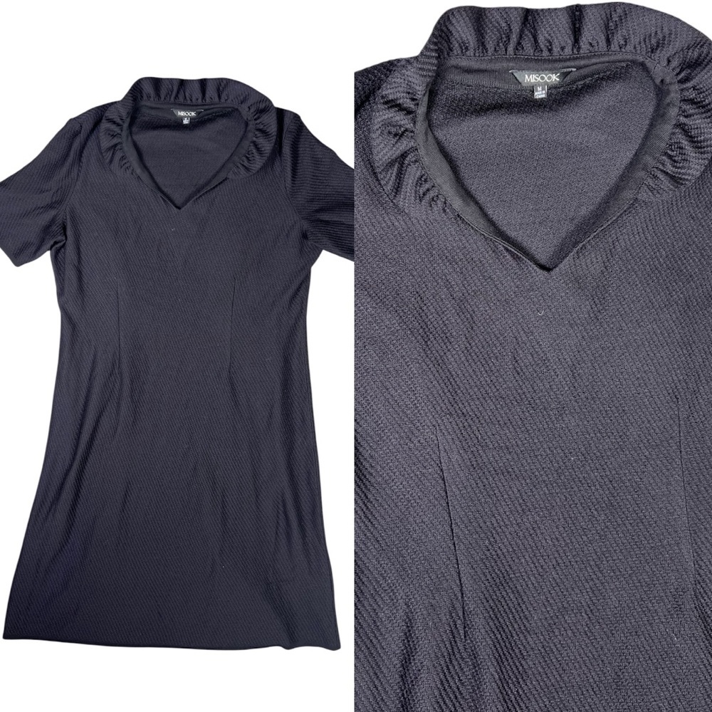 Misook Dress Womens Medium Black V-Neck Ruffle Textured Knit Minimalistic Mini